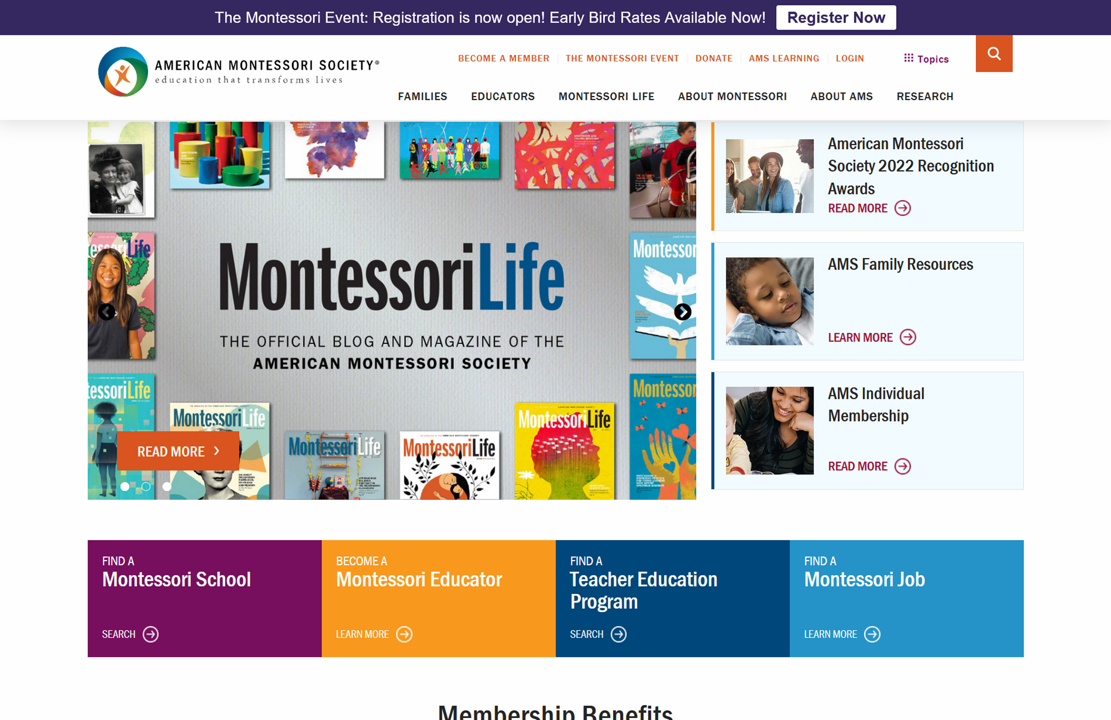 AMS＝American Montessori Society／アメリカン・モンテッソーリ協会のホームページ
