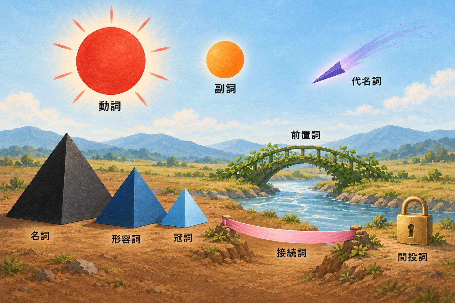 ピラミッド、太陽、月、彗星、橋などで文法記号の物語を表した風景のイメージ画