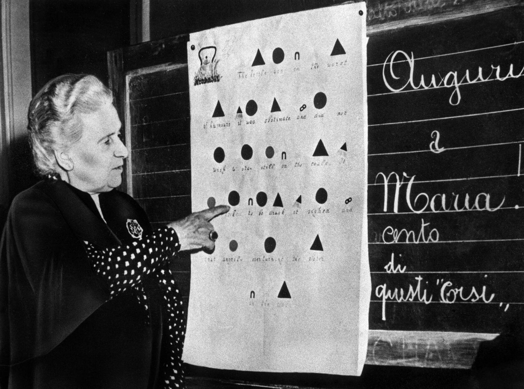 1950年、イタリア・ペルージャの養成コースで文法記号について説明するマリア・モンテッソーリ
